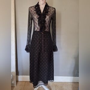 NEW Anne Fontaine black gold lace sheer mesh ruffle top midi skirt set M